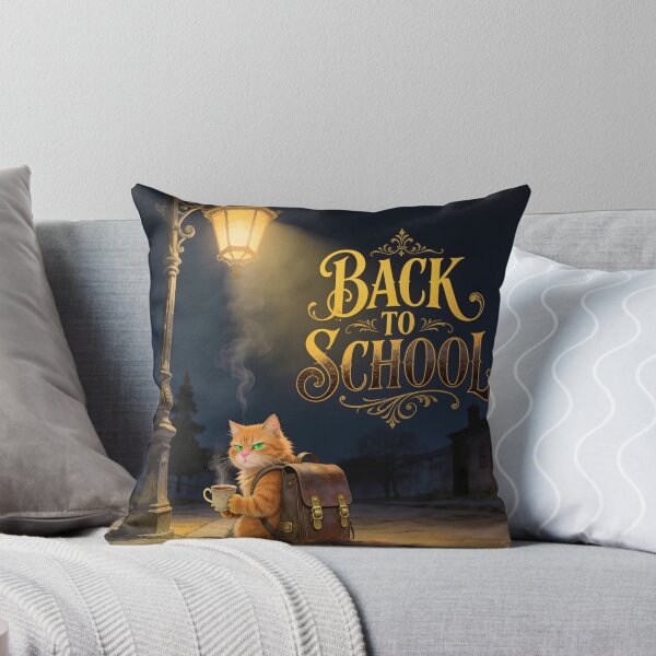Item preview, Back to School Orange Cat with Backpack and Coffee Under a Lantern designed and sold by OksArtStudio.