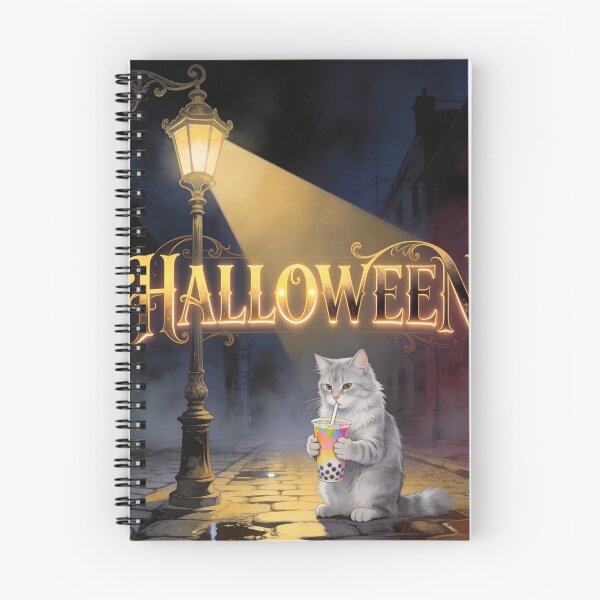Item preview, Halloween Cat Drinking Bubble Tea Under a Glowing Lantern designed and sold by OksArtStudio.