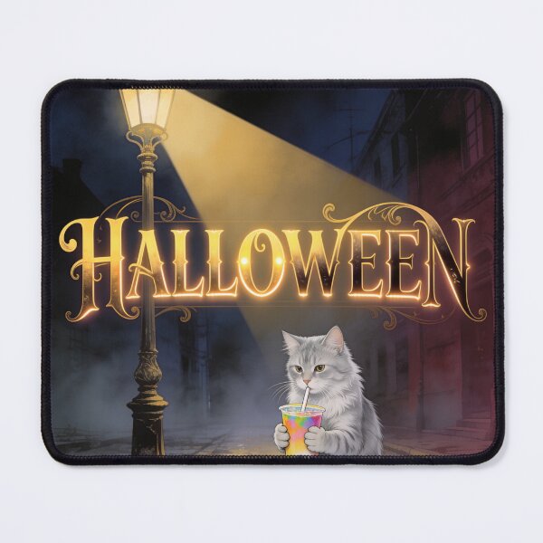 Item preview, Halloween Cat Drinking Bubble Tea Under a Glowing Lantern designed and sold by OksArtStudio.