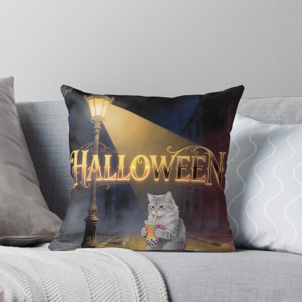 Item preview, Halloween Cat Drinking Bubble Tea Under a Glowing Lantern designed and sold by OksArtStudio.