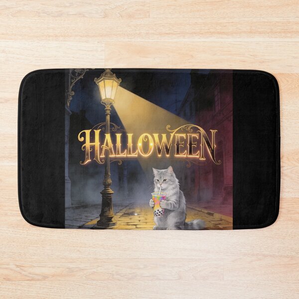 Item preview, Halloween Cat Drinking Bubble Tea Under a Glowing Lantern designed and sold by OksArtStudio.