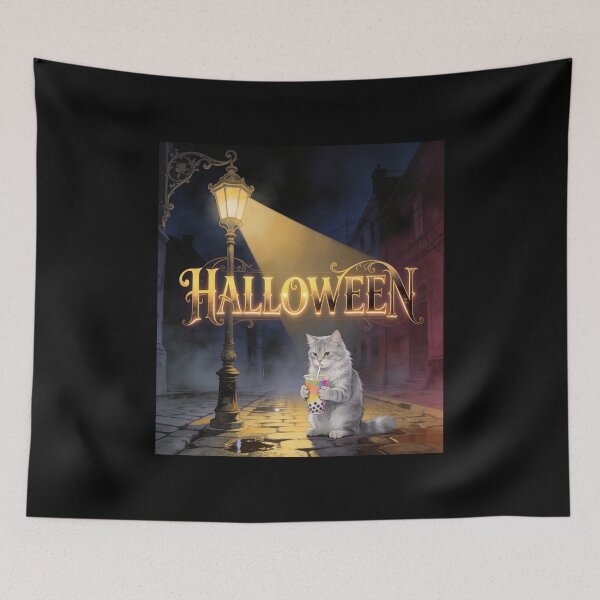 Item preview, Halloween Cat Drinking Bubble Tea Under a Glowing Lantern designed and sold by OksArtStudio.