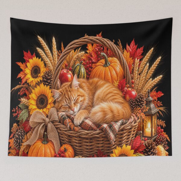 Item preview, Cozy Autumn Harvest Sleeping Cat designed and sold by ASWIN STUDIO.