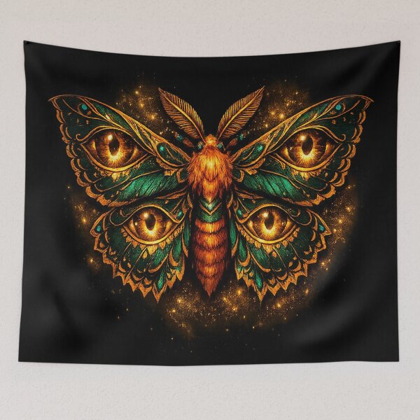 Item preview, Emerald Eyes Mystic Moth – Golden Guardian of the Forest designed and sold by TroviTutto.