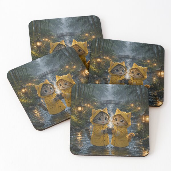 Item preview, Cozy Rainy Day Cats In Yellow Raincoats Cottagecore Forest Art Cute Kitten Coffee Illustration designed and sold by BLUESKY11a.