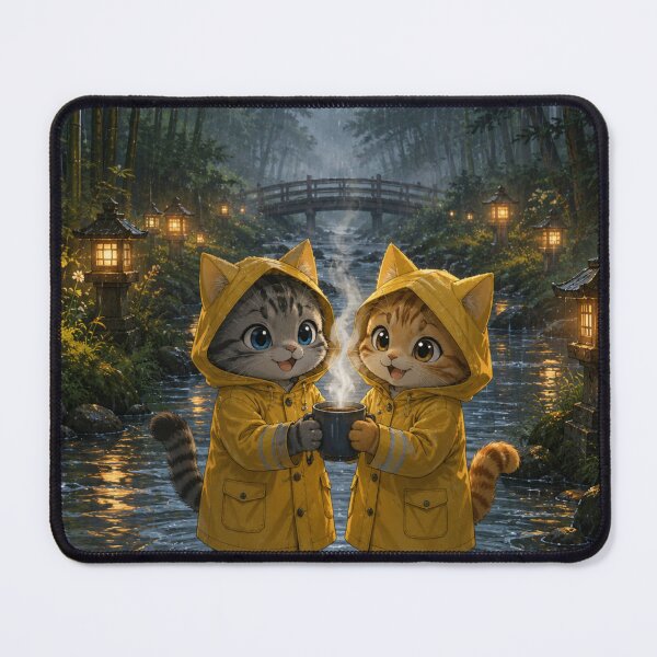 Item preview, Cozy Rainy Day Cats In Yellow Raincoats Cottagecore Forest Art Cute Kitten Coffee Illustration designed and sold by BLUESKY11a.