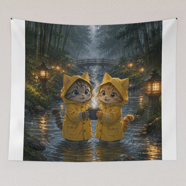 Item preview, Cozy Rainy Day Cats In Yellow Raincoats Cottagecore Forest Art Cute Kitten Coffee Illustration designed and sold by BLUESKY11a.