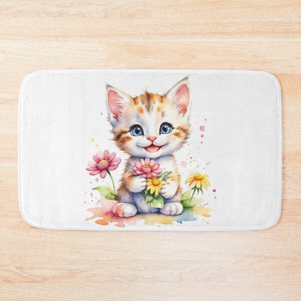 Item preview, Sweet Little Kitten Holding Colorful Flowers Watercolor designed and sold by J-CCreations.