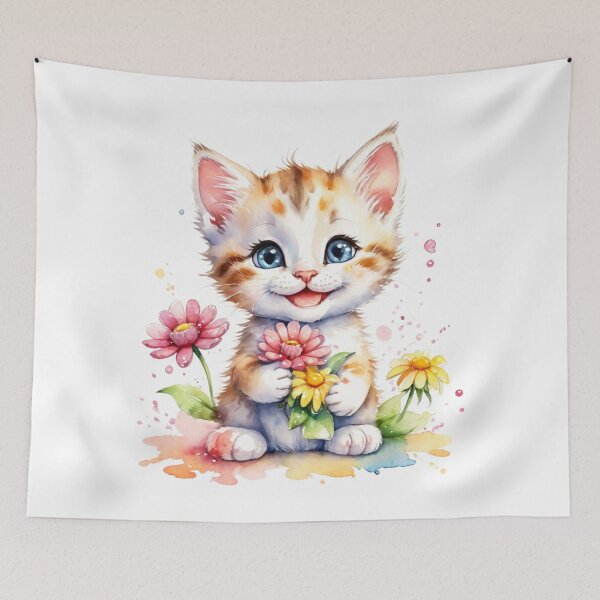 Item preview, Sweet Little Kitten Holding Colorful Flowers Watercolor designed and sold by J-CCreations.