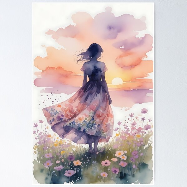 Item preview, Dreamy Sunset Garden – Woman in a Floral Dress designed and sold by HappyOops.