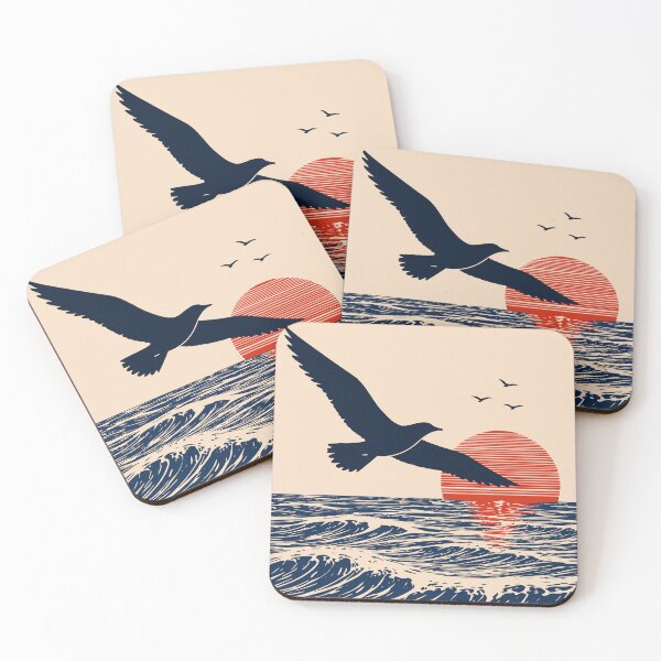 Item preview, Seagull Ocean Sunset Print, Japanese Wave Coastal Art designed and sold by Studio pod Burom.