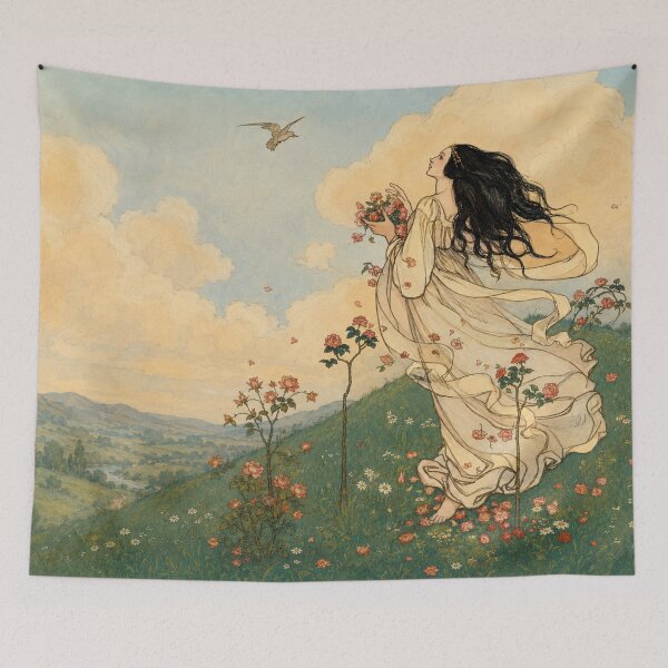 Item preview, Vintage Art Nouveau Birthday Print, Woman with Flowers, Romantic Floral Wall Art for Vintage Home Decor designed and sold by RickE.