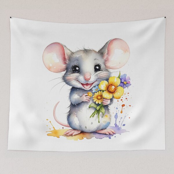 Item preview, Happy Little Mouse with a Colorful Flower Bouquet Watercolor designed and sold by J-CCreations.