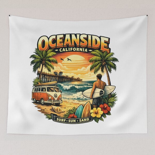 Item preview, Oceanside California Surf Sun Sand Vintage Retro Beach Design designed and sold by CatLovers Studio.