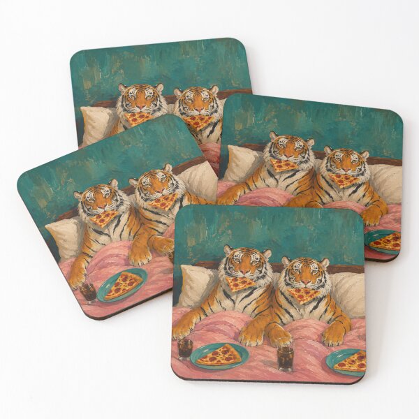 Item preview, Tigers Eating Pizza In Bed | Whimsical Animal Oil Painting | Cozy Bedroom Aesthetic | Surreal Wildlife Art designed and sold by DESIGN DIMENSION .