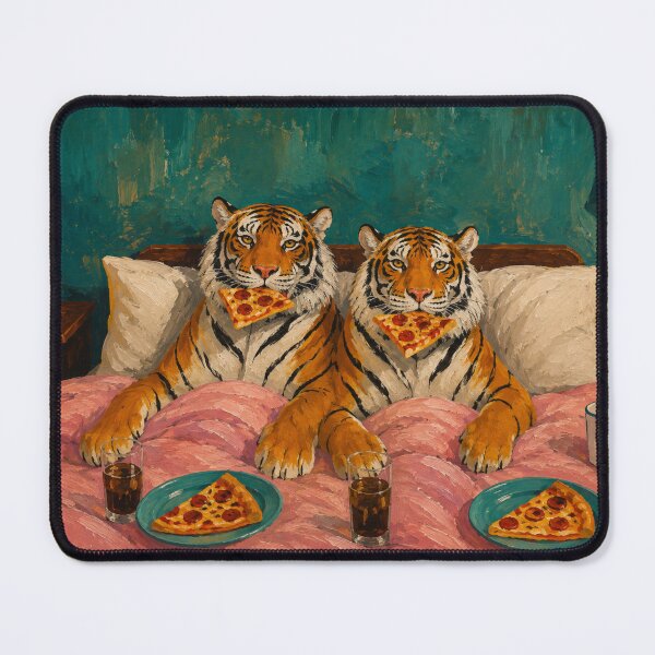 Item preview, Tigers Eating Pizza In Bed | Whimsical Animal Oil Painting | Cozy Bedroom Aesthetic | Surreal Wildlife Art designed and sold by DESIGN DIMENSION .