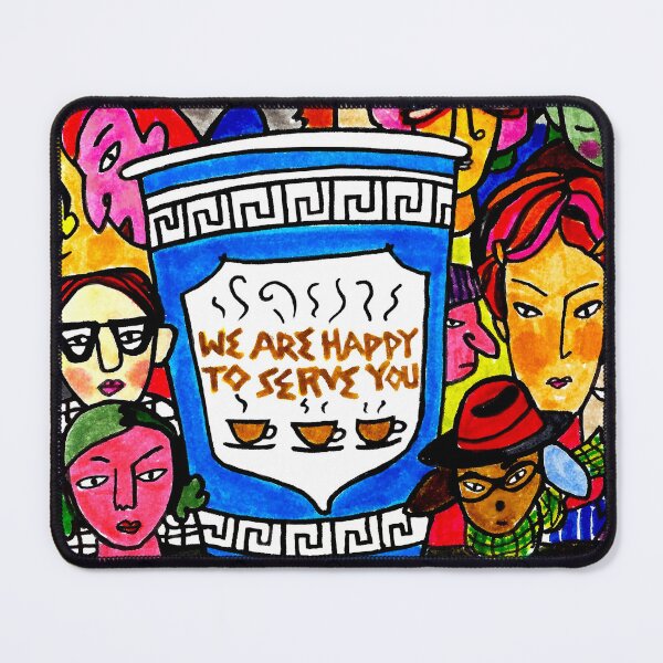Item preview, Happy to Serve You – Whimsical Folk Art Coffee Cup with Colorful Faces | Original Mixed Media by Virginia Fitzgerald designed and sold by Virginia Fitzgerald.