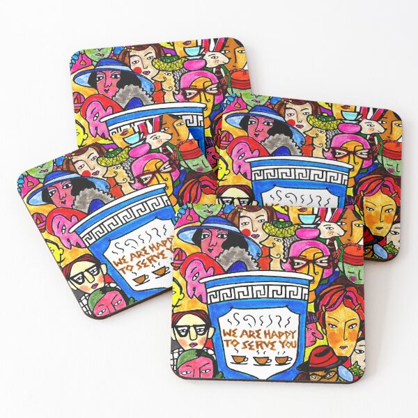 Item preview, Happy to Serve You – Whimsical Folk Art Coffee Cup with Colorful Faces | Original Mixed Media by Virginia Fitzgerald designed and sold by Virginia Fitzgerald.
