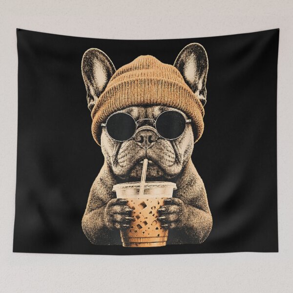 Item preview, Cool French Bulldog Wearing Beanie Sunglasses Drinking Iced Coffee Funny Dog Lover designed and sold by EricCotanori.