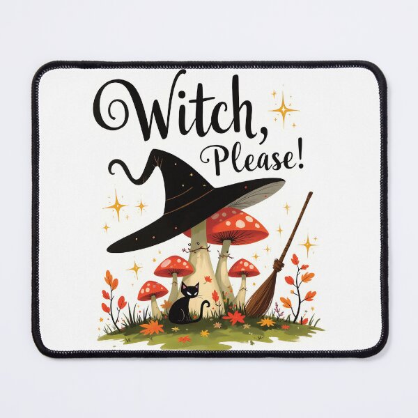 Item preview, Cute Witch Hat on Mushrooms with Black Cat and Broomstick, Spooky Autumn Forest Magic Illustration designed and sold by Connys Colorful World.