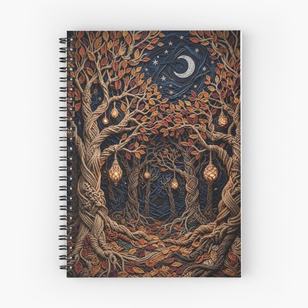 Item preview, ENCHANTED MACRAME FOREST AUTUMN NIGHT LANDSCAPE WITH MOON AND MAGICAL LANTERNS designed and sold by Curiosiart.