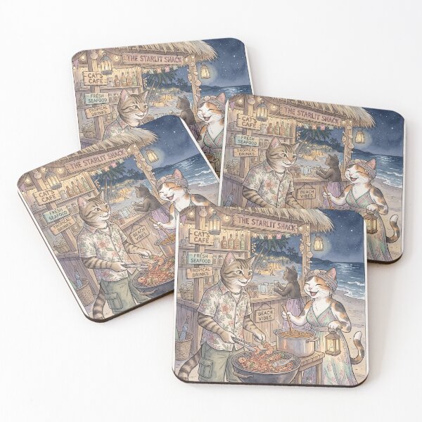 Item preview, Cats at a cozy watercolor tropical beach night barbecue designed and sold by TheCoolCatsMx.