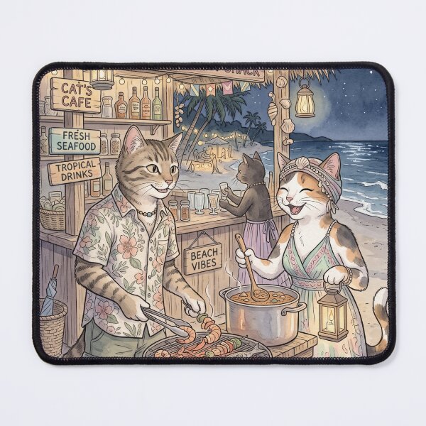 Item preview, Cats at a cozy watercolor tropical beach night barbecue designed and sold by TheCoolCatsMx.