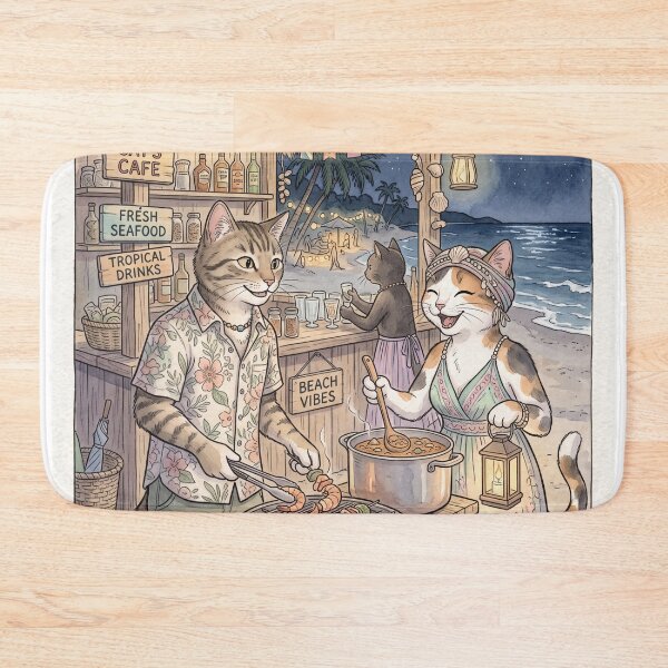 Item preview, Cats at a cozy watercolor tropical beach night barbecue designed and sold by TheCoolCatsMx.