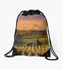 Golden sunset over Mt Adams and Hood River Valley pear orchards at sunset springtime Drawstring Bag