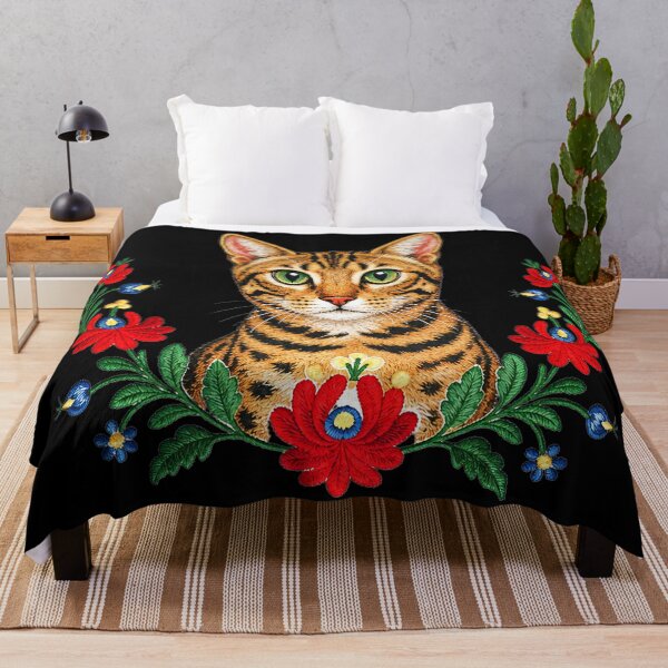 Item preview, Folk Art Portrait – Embroidered Bengal Cat with Flowers designed and sold by Bengoer18.
