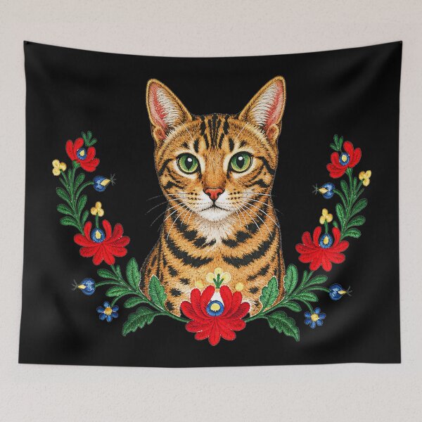 Aperçu de l'œuvre Portrait d'art populaire – Chat du Bengale brodé avec des fleurs créée et vendue par Bengoer18.