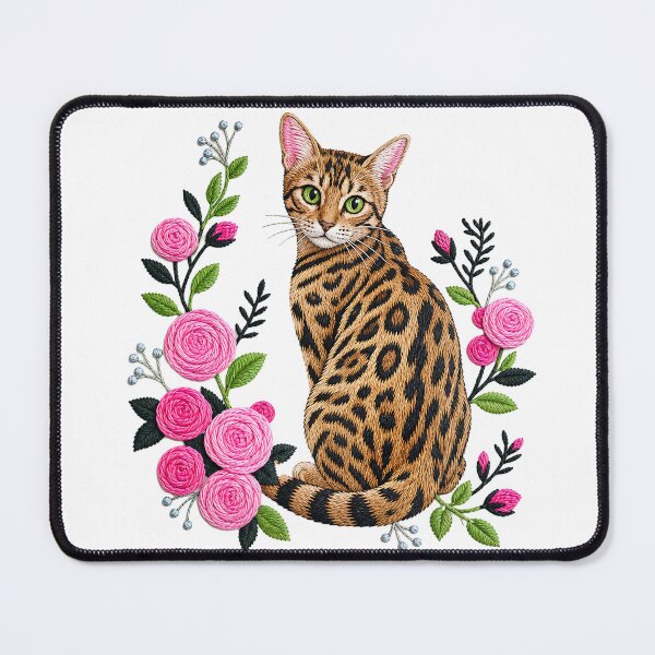 Item preview, Rose Elegance – Bengal cat with pink rose embroidery designed and sold by Bengoer18.