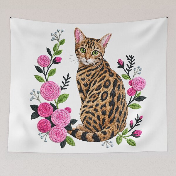 Item preview, Rose Elegance – Bengal cat with pink rose embroidery designed and sold by Bengoer18.