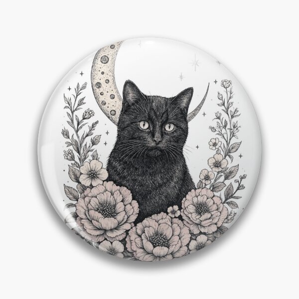 Item preview, Black Cat with Flowers and Crescent Moon — Celestial Cat designed and sold by digital.stickerperso.com.