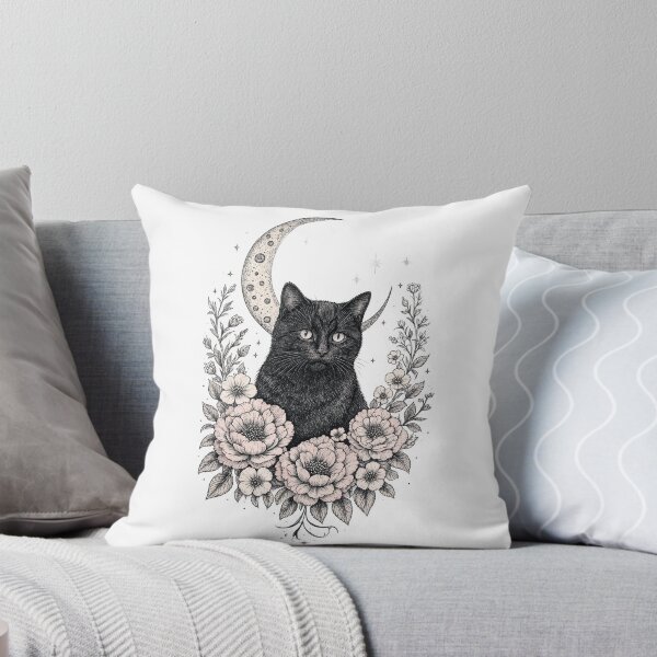 Item preview, Black Cat with Flowers and Crescent Moon — Celestial Cat designed and sold by digital.stickerperso.com.