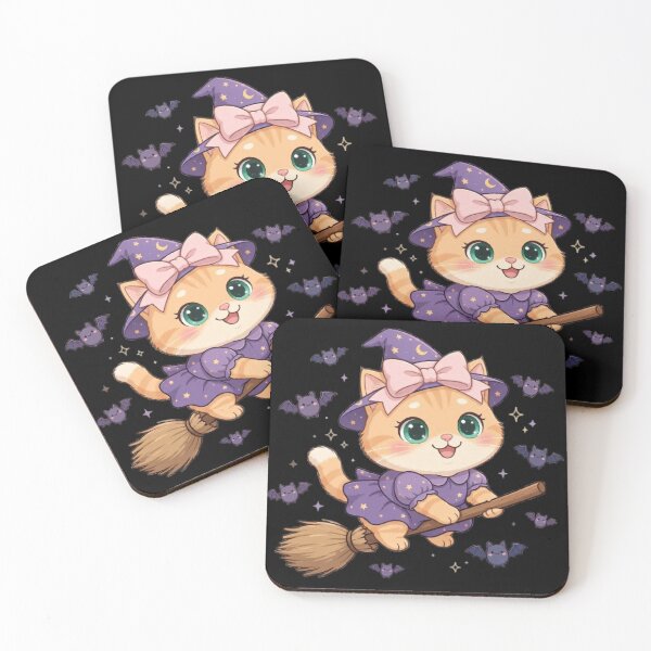 Item preview, Cute Halloween Witch Cat Flying Broom Bats designed and sold by Moody Vibes Studio.