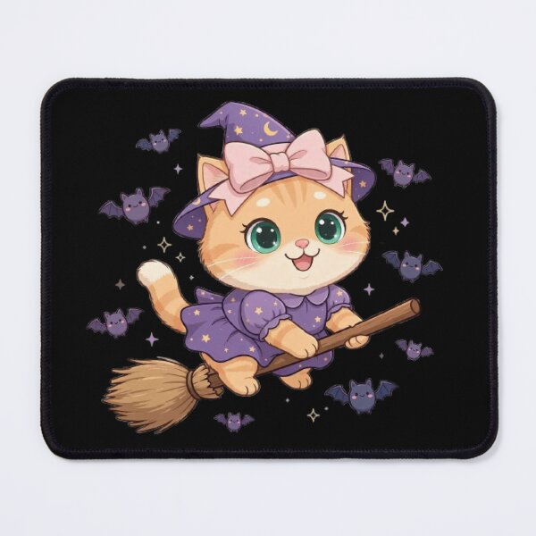 Item preview, Cute Halloween Witch Cat Flying Broom Bats designed and sold by Moody Vibes Studio.