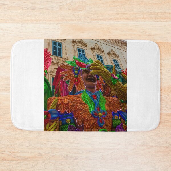 Item preview, Colorful Carnival Float With Giant Feathered Mask in Street Parade Against Historic Building designed and sold by Nmallia.