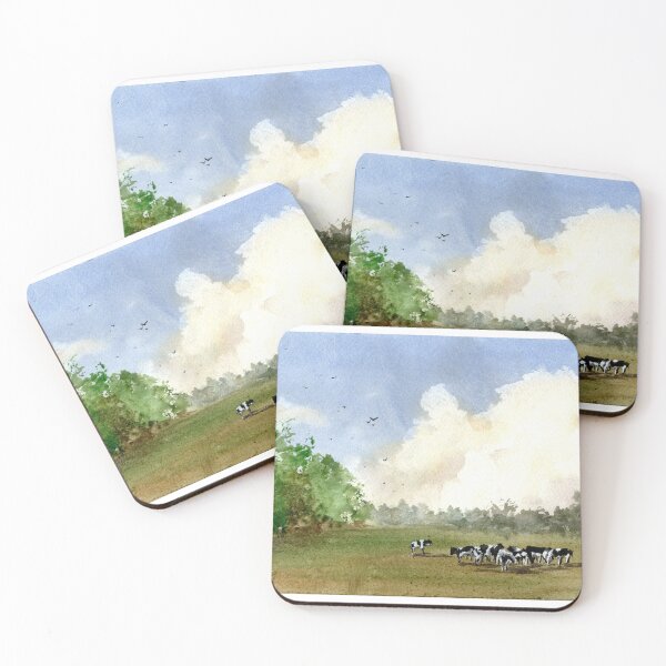 Item preview, Sunny Pasture Dairy Cows Landscape Fine Art Watercolor designed and sold by OnHeathAndMoor.