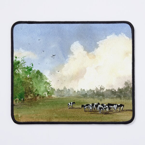 Item preview, Sunny Pasture Dairy Cows Landscape Fine Art Watercolor designed and sold by OnHeathAndMoor.