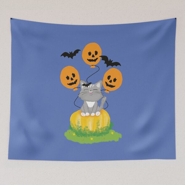 Item preview, Cute Halloween Cat Sitting on a Pumpkin with Balloons and Bats designed and sold by studiodrchicken.