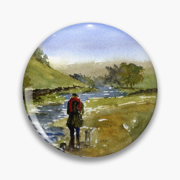 Item preview, Countryside River Walk Dog Walker Watercolor Painting designed and sold by OnHeathAndMoor.