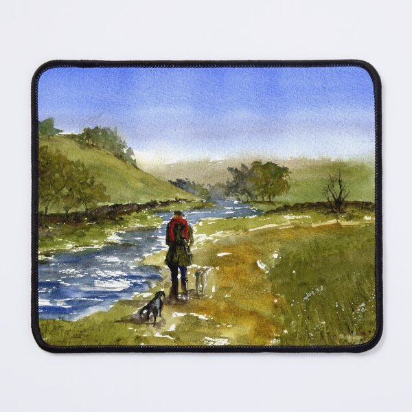 Item preview, Countryside River Walk Dog Walker Watercolor Painting designed and sold by OnHeathAndMoor.