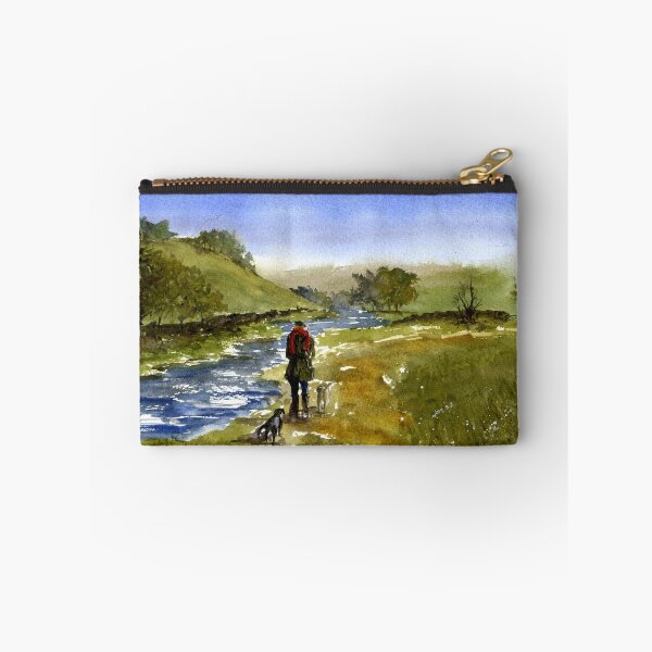Item preview, Countryside River Walk Dog Walker Watercolor Painting designed and sold by OnHeathAndMoor.