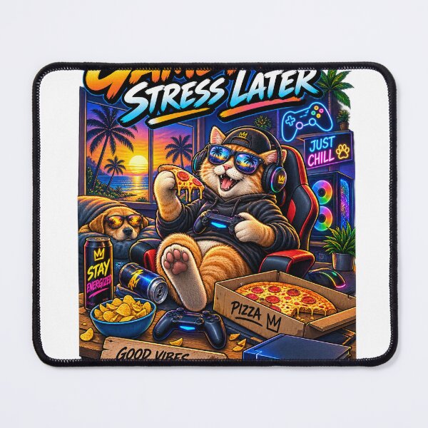 Item preview, Funny Gamer Cat Shirt – Game Now Stress Later Gaming Cat Pizza designed and sold by Molli98.