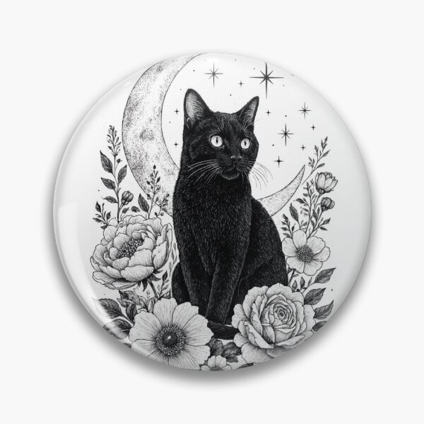 Item preview, Black Cat with Flowers and Crescent Moon — Celestial Cat designed and sold by digital.stickerperso.com.