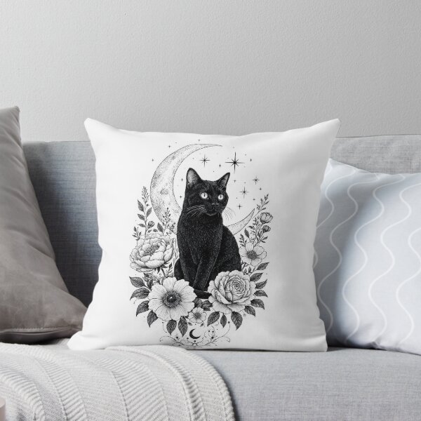 Item preview, Black Cat with Flowers and Crescent Moon — Celestial Cat designed and sold by digital.stickerperso.com.