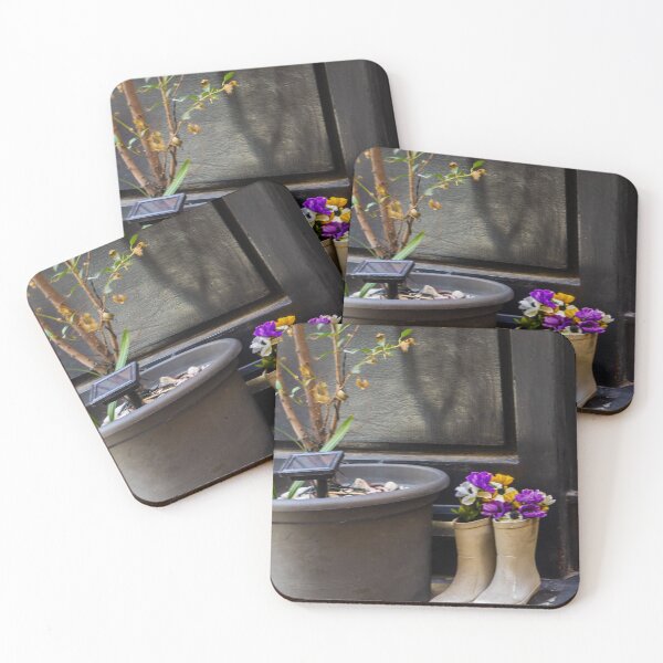 Item preview, Repurposed Rain Boots Used As Planters With Purple Flowers Beside Large Pot On Urban Doorstep designed and sold by Nmallia.