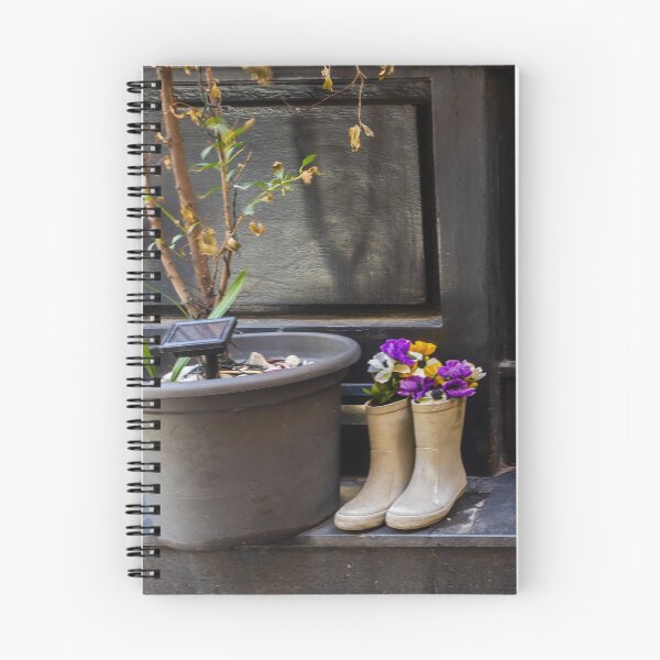 Item preview, Repurposed Rain Boots Used As Planters With Purple Flowers Beside Large Pot On Urban Doorstep designed and sold by Nmallia.
