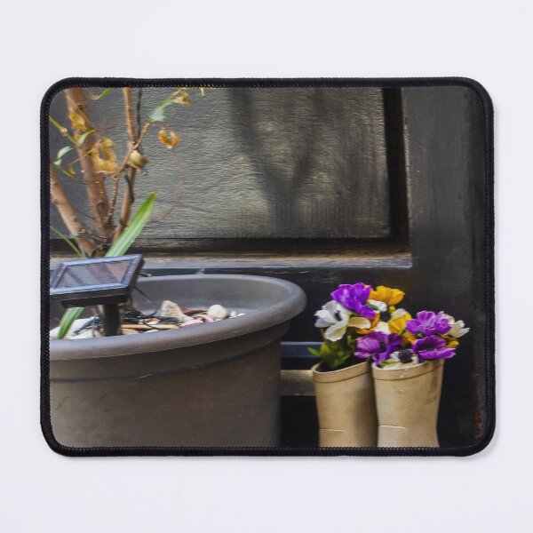 Item preview, Repurposed Rain Boots Used As Planters With Purple Flowers Beside Large Pot On Urban Doorstep designed and sold by Nmallia.